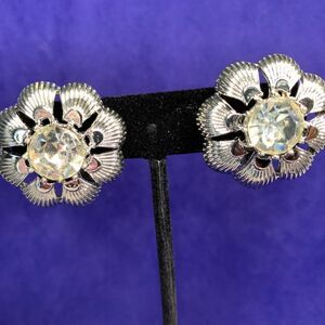 Lovely Coro Clip Crystal earrings in Silver wash, Stamped, Vintage